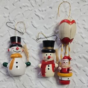 Festiv Snowman and Santa Ornaments Set -of 3 Vintage Wooden